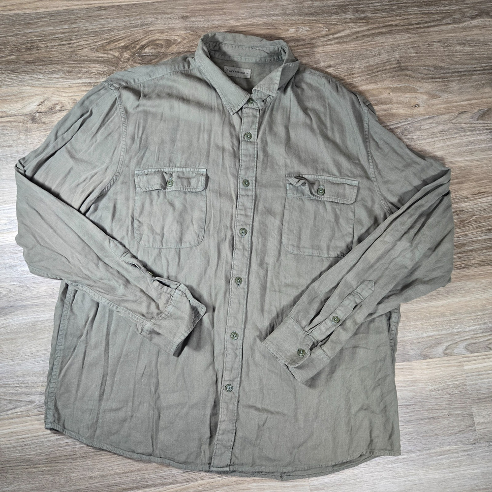 Lucky Brand Lived-In Utility Shirt Mens XXL Olive Green Twill Workwear 2XL